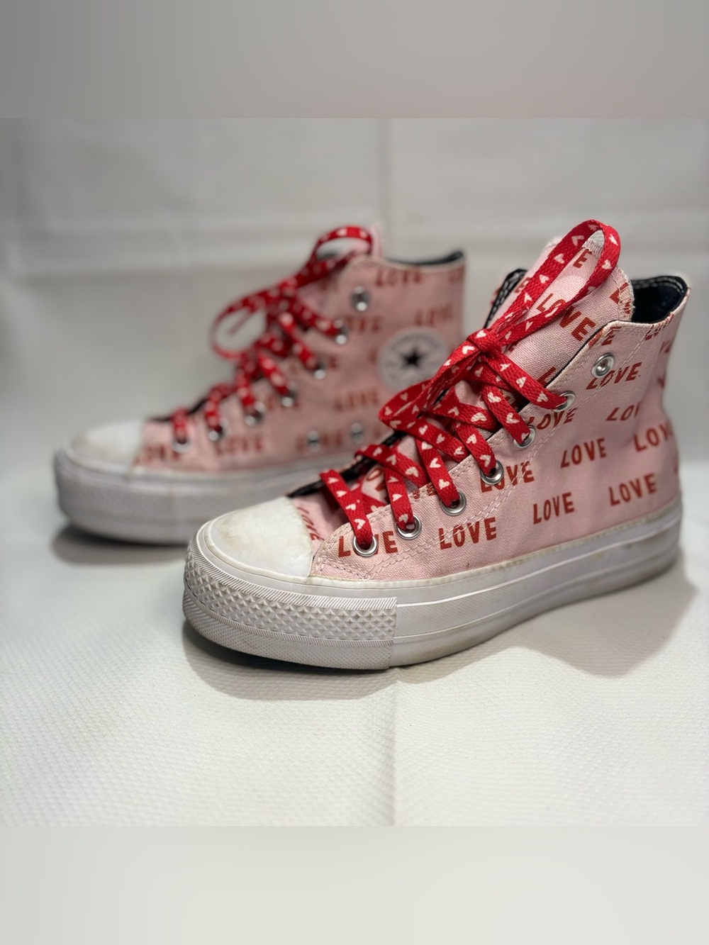 Converse High-Top 'LOVE' Print Sneakers - Pink with Red Laces
